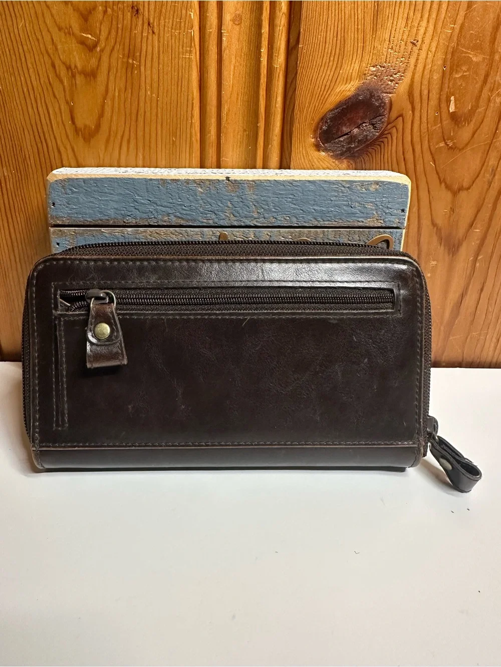 Liz Claiborne Dark Brown Leather Zip Wallet with Front Slip Pocket